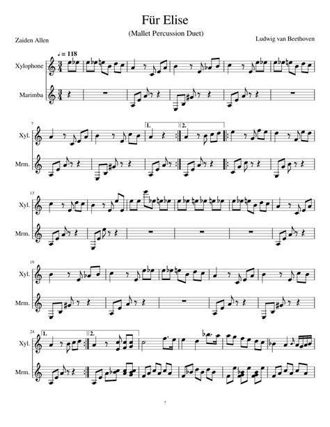 Furelise Mallet Duet Sheet Music For Marimba Xylophone Percussion Duet