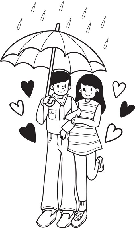 Hand Drawn Couple Man And Woman Holding Hands In The Rain Illustration