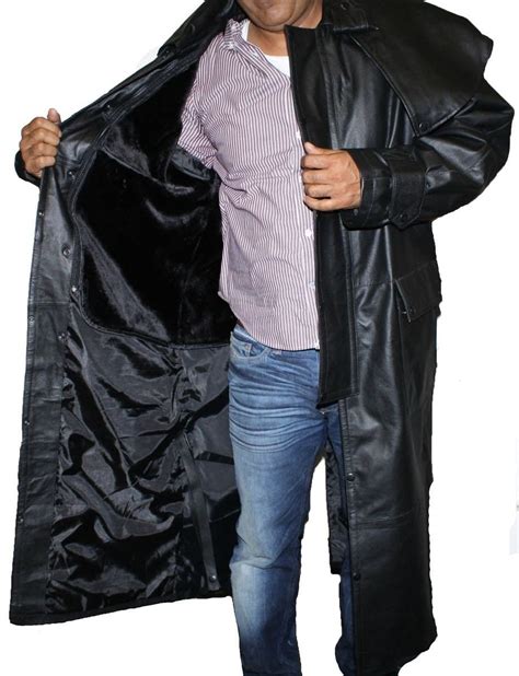 Mens Black Genuine Leather Trench Coat Full Length Duster Lined~ Snap Closure Buy Online In