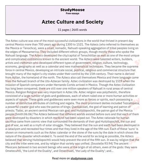 Aztec Culture and Society Free Essay Example