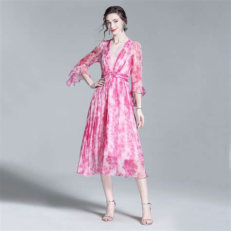 Pink Silk Dress V Neck