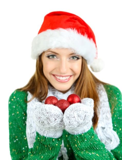 Hermosa Ni A Sonriente Con Juguetes De Navidad Aislado En Blanco Foto