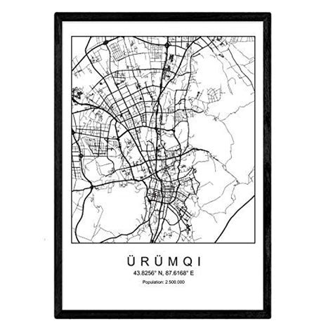 Lámina Mapa De La Ciudad Urumqi Nordico En Blanco Y Negro Poster A3