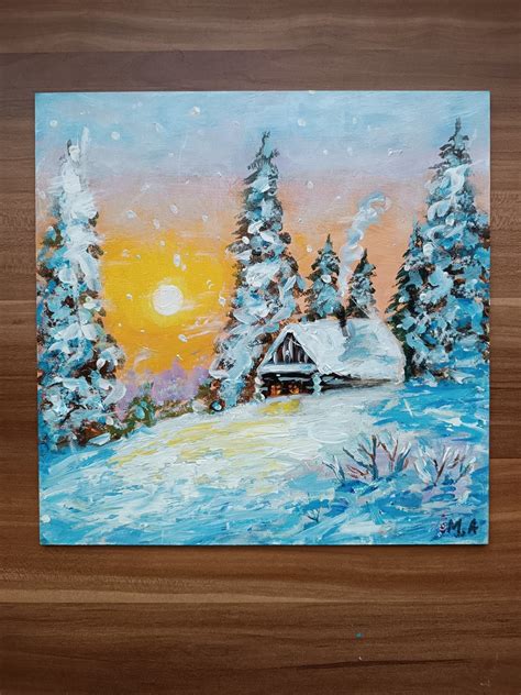 Winter Forest Acrylic Painting, Snowy Landscape at Sunset, Nature ...