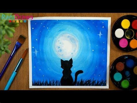 Cómo dibujar PAISAJE GATO EN LA NOCHE con acuarela Paso a paso