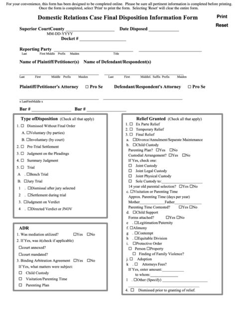 Fillable Domestic Relations Case Final Disposition Information Form