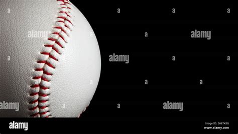 Macro Close Up Baseball Ball With Stiches And Seam Isolated On Black