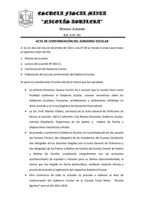 Acta De Conformación Del Gobierno Escolar