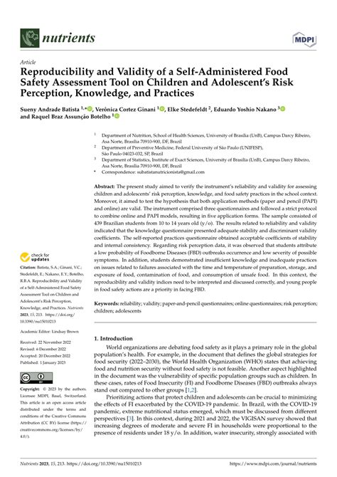 Pdf Reproducibility And Validity Of A Self Administered Food Safety