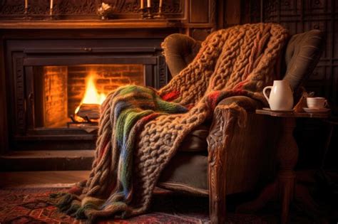 Premium AI Image | Fireplace with a cozy knitted blanket draped over a ...