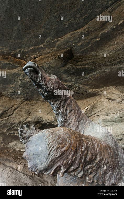 Chile, Magallanes Region, Puerto Natales, Cueva de Milodon, statue of ...