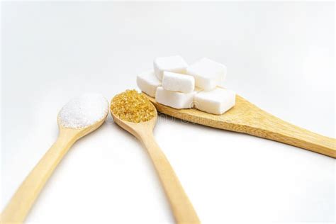 Spoon Scoop Brown Sugar Sugar Cubes And White Sugar Stock Photo