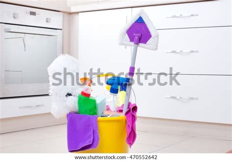 Cleaning Supplies Equipment On Kitchen Floor Stock Photo 470552642