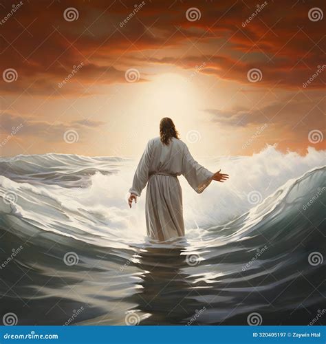 Back View Of Jesus Christ Walking On Water At Sea Stock Illustration