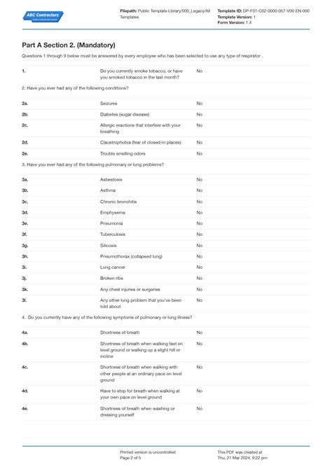 OSHA Respirator Medical Evaluation Questionnaire Form