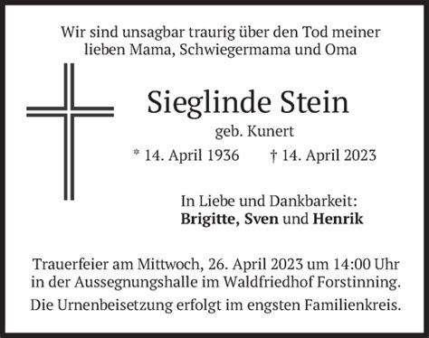 Traueranzeigen Von Sieglinde Stein Trauer Merkur De