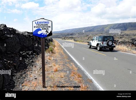 Tsunami Warning Sign Hawaii Volcanoes National Park Pacific Ocean Lava