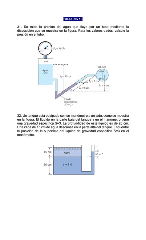 Ejercicios clase No 16 Clase No 16 Se mide la presión del agua que