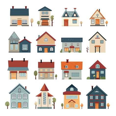 Collection of Residential House Illustrations in Flat Design Style ...