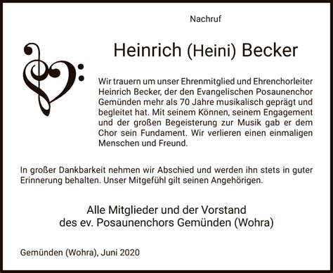 Traueranzeigen Von Heinrich Becker Trauer Hna De