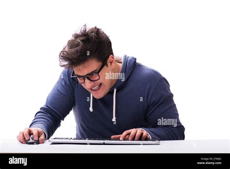 Funny Nerd Man Working On Computer Isolated On White Stock Photo Alamy