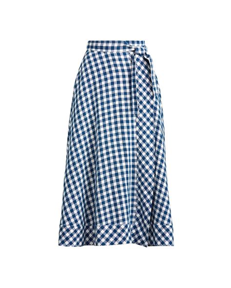 Polo Ralph Lauren Gingham Linen Wrap Skirt In Blue Lyst