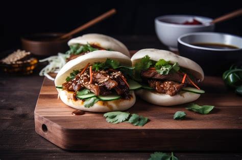 Premium Ai Image Bao Bun With Slowroasted Pork Belly Scallions And Hoisin Sauce