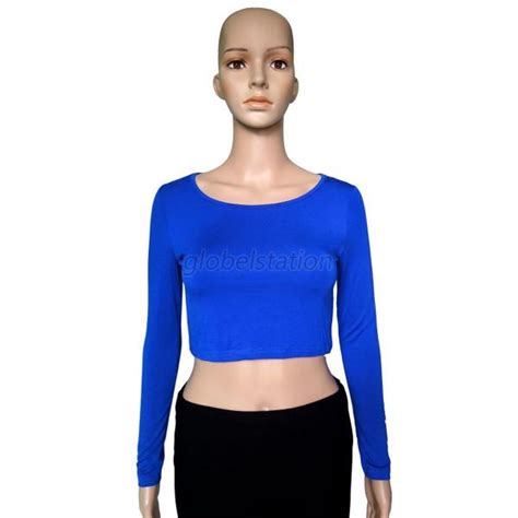 Sexy Lady Scoop Neck Long Sleeve Crop Belly Tops Fitted Tee Stretchy T