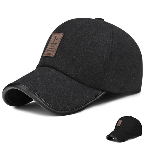 Buy Mens Winter Warm Wool Blend Baseball Cap Hat With Fold Earmuffs Warmer Black At Affordable