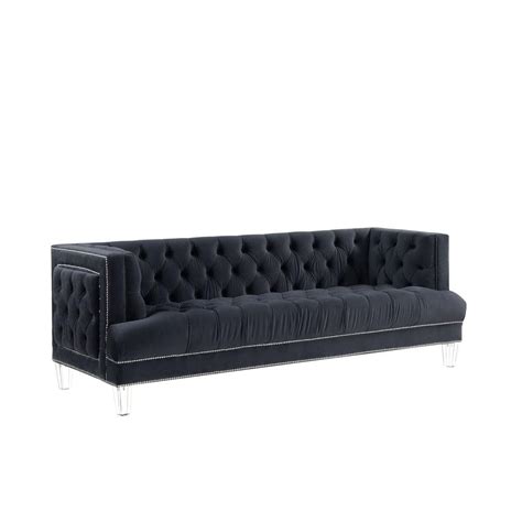 HomeRoots Amelia 88 In Square Arm Velvet Rectangle Nailhead Trim Sofa