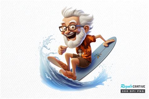 Watercolor Funny Grandpa Surfing Clipart Graphic By Regulrcrative