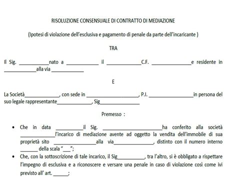 MODULO RISOLUZIONE CONSENSUALE DI CONTRATTO DI MEDIAZIONE