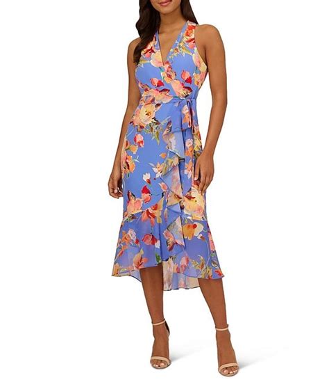 Adrianna Papell Floral Print V Neck Sleeveless Faux Wrap Ruffled Trim