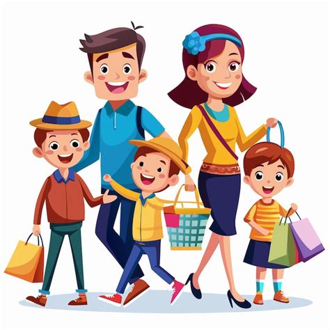 Família feliz crianças caminhando depois de fazer compras sacos