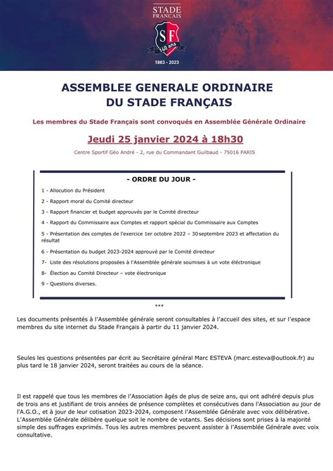 Assembl E G N Rale Le Stade Fran Ais