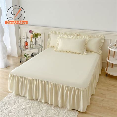 Dansunreve Plain Bed Skirt Soft Bed Cover Korean Lace White Ruffles Bed