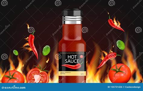 Hot Chili Sauce Fire Background Vector Realistic Product Placement Mock Up Bottle Stock Vector