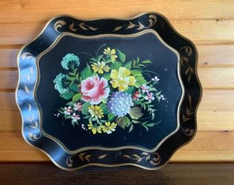 Vintage Toleware Tole Tray AQUA BLUE Metal Floral Roses Hand Painted