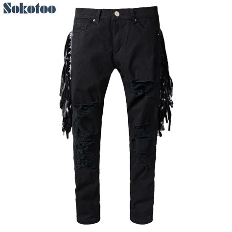 Sokotoo Men S Fashion Black Tassel Holes Ripped Jeans Casual PU Leather