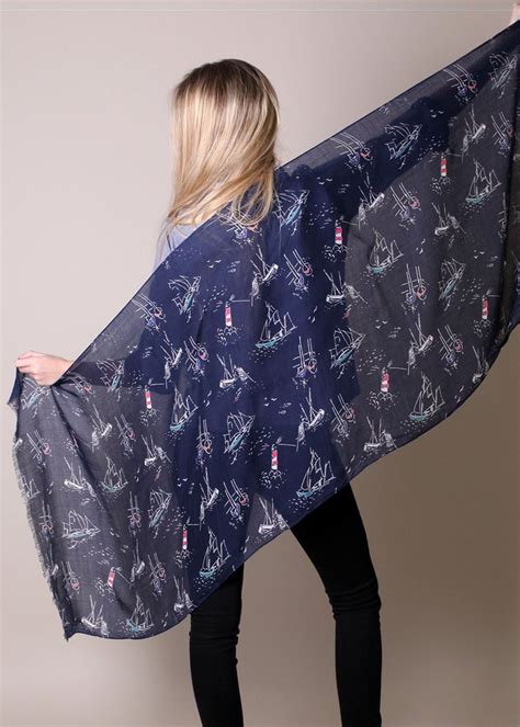 Women S Sailboat Lighthouse Navy Blue Nautical Scarf Fashion Shawl At