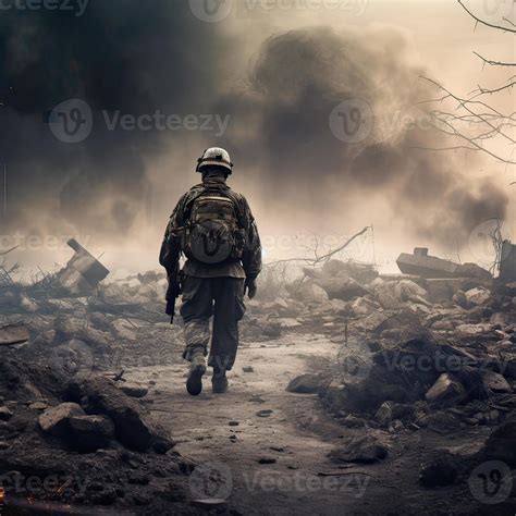 Lone soldier walking on the battlefield. Illustration of a military man ...