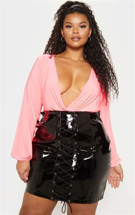 Plus Neon Pink Slinky Bodysuit Fashion Plus Size Outfits Plus Size