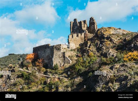 Ruins of medieval cathar castles Lastours in the mountain valley of ...