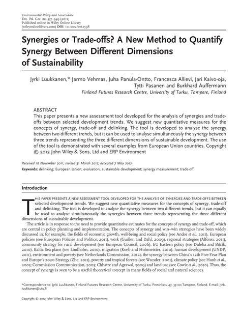 Pdf Synergies Or Trade Offs A New Method To Quantify Synergy Between Different Dimensions Of