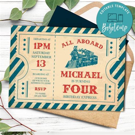 Train Ticket Birthday Invitation Customizable Template Diy Bobotemp