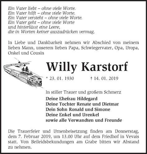 Traueranzeigen Von Willy Karstorf M Rkische Onlinezeitung Trauerportal