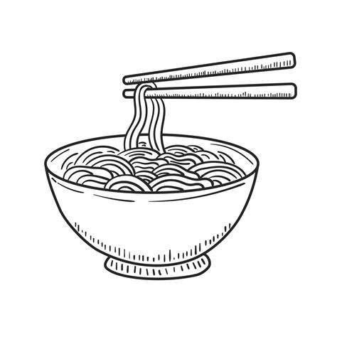 Bowl Of Noodle With Chopsticks Drawing In Sketch Style Isolated On