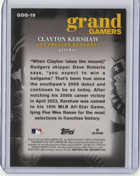 Clayton Kershaw 2024 Topps Grand Gamers Blue Parallel GOG 19 EBay