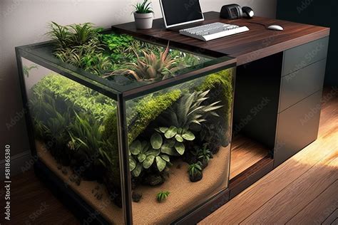 Desk with a built - in planter or terrarium complete with plants and ...