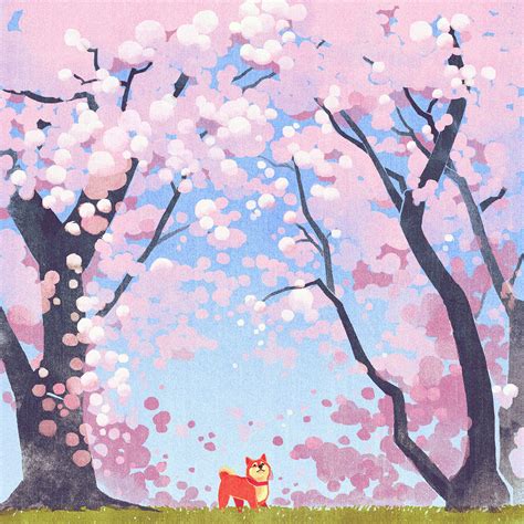 ba59-cute-siba-dog-animal-spring-illustration-art-pink-wallpaper